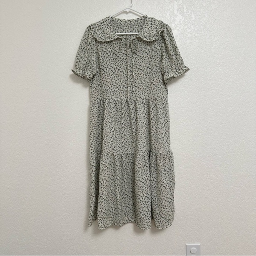 Floral Tiered Midi Dress with Peter Pan Collar - Light Sage